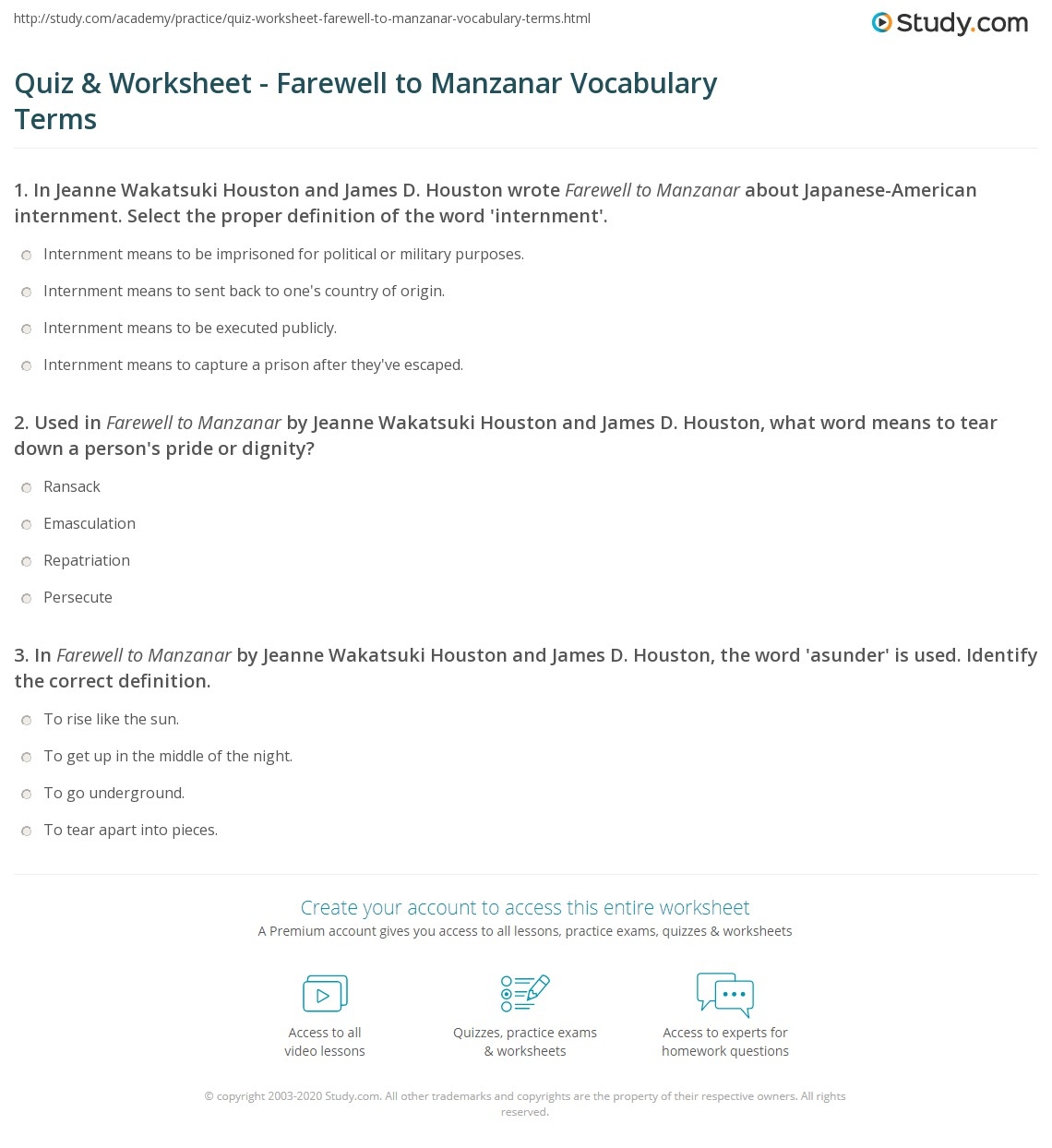 Quiz Worksheet Farewell To Manzanar Vocabulary Terms Study Quiz Worksheet Farewell To Manzanar Ch 3 4 Summary Study