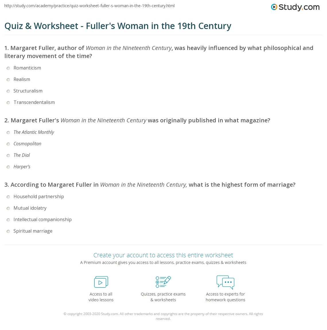 Quiz Worksheet Fuller s Woman In The 19th Century Study