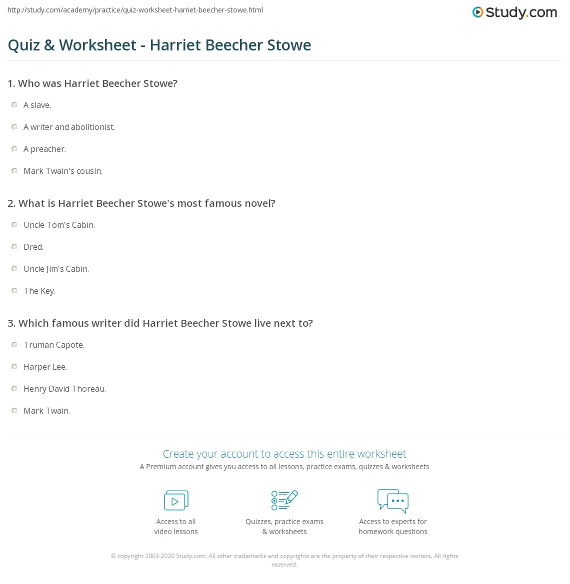 Quiz Worksheet Harriet Beecher Stowe Study