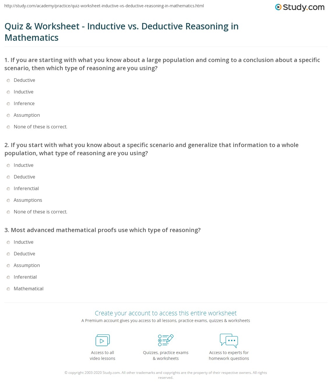 Quiz Worksheet Inductive Vs Deductive Reasoning In Mathematics Study Quiz Worksheet Inductive Vs Deductive Reasoning In Mathematics Study
