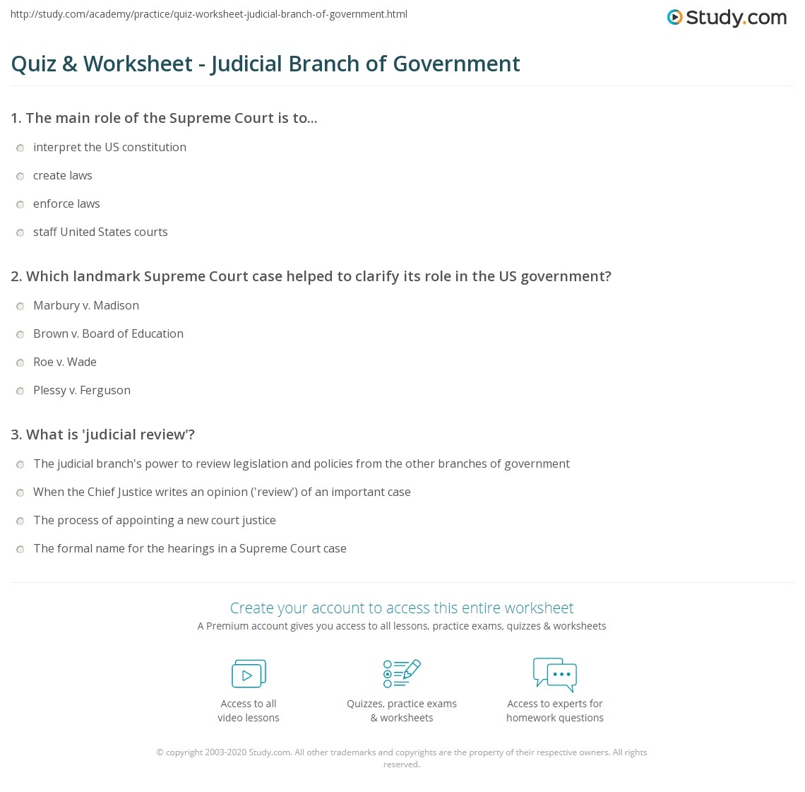 Quiz Worksheet Judicial Branch Of Government Study