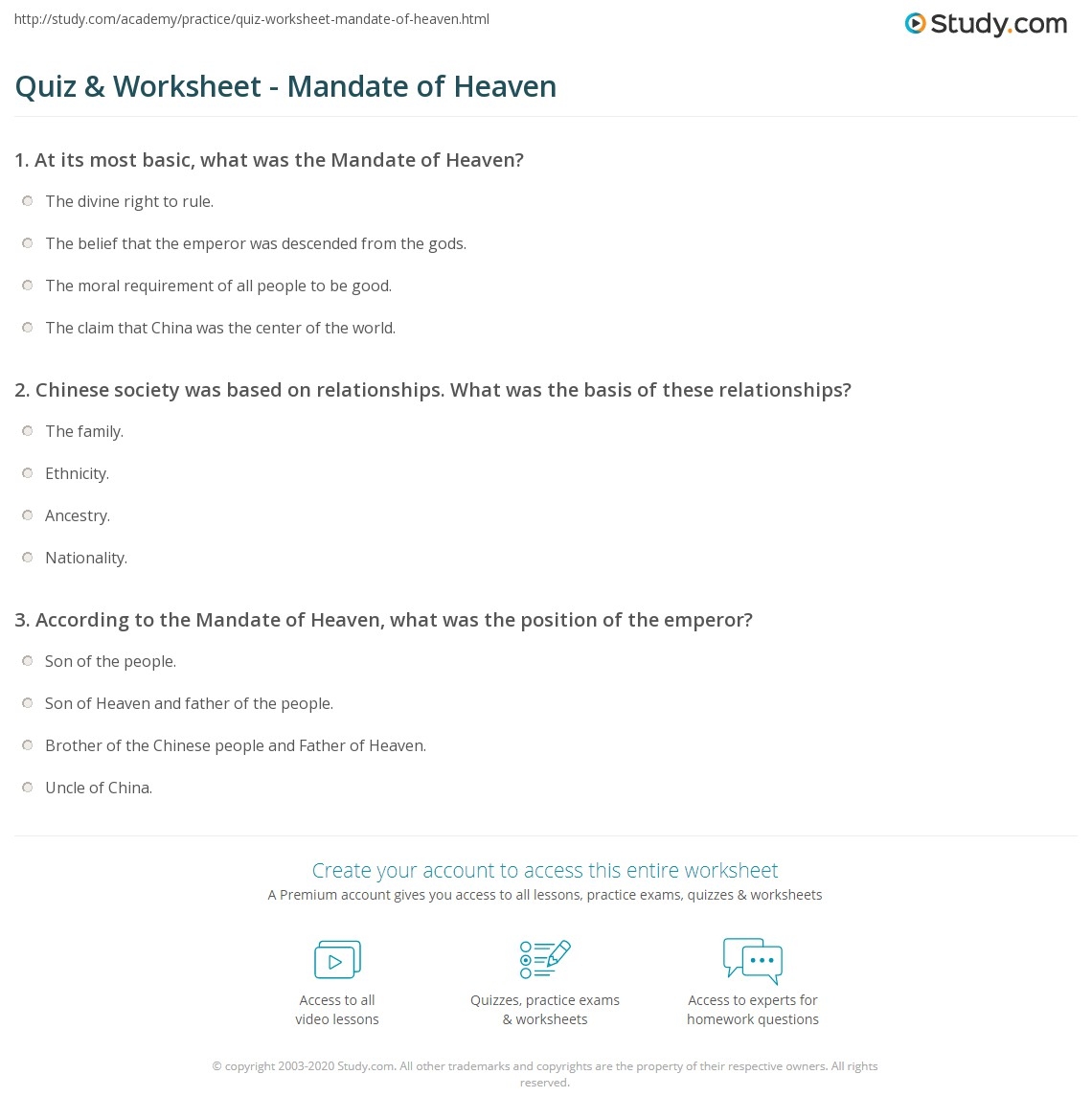 Quiz Worksheet Mandate Of Heaven Study