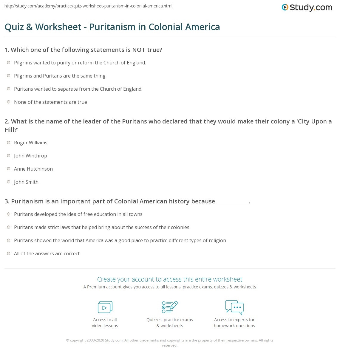 Quiz Worksheet Puritanism In Colonial America Study