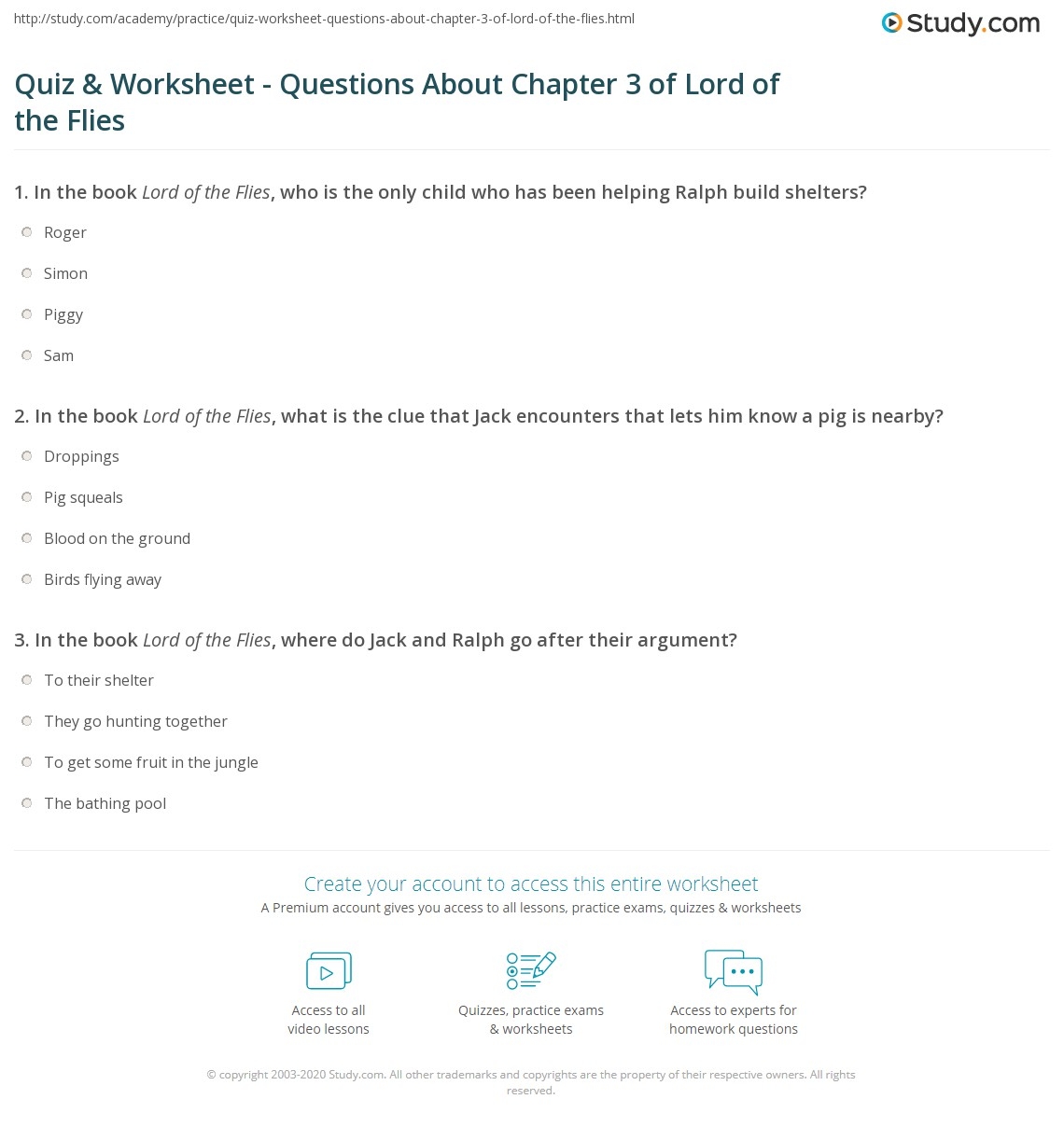 Quiz Worksheet Questions About Chapter 3 Of Lord Of The Flies Study