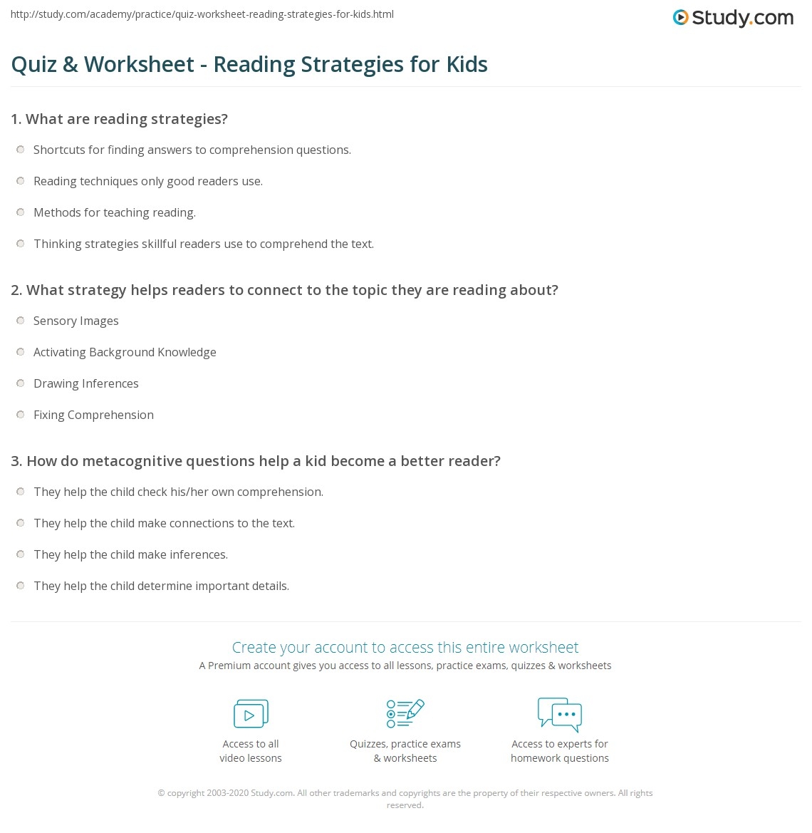 Quiz Worksheet Reading Strategies For Kids Study Quiz Worksheet Reading Strategies For Kids Study