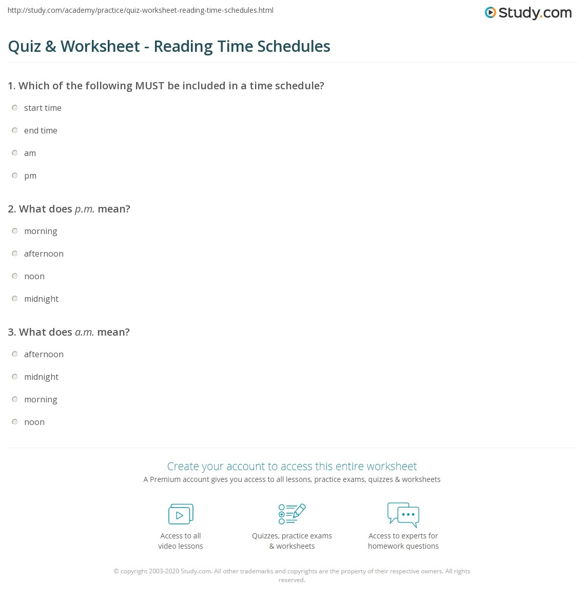 Quiz Worksheet Reading Time Schedules Study Quiz Worksheet Reading Time Schedules Study