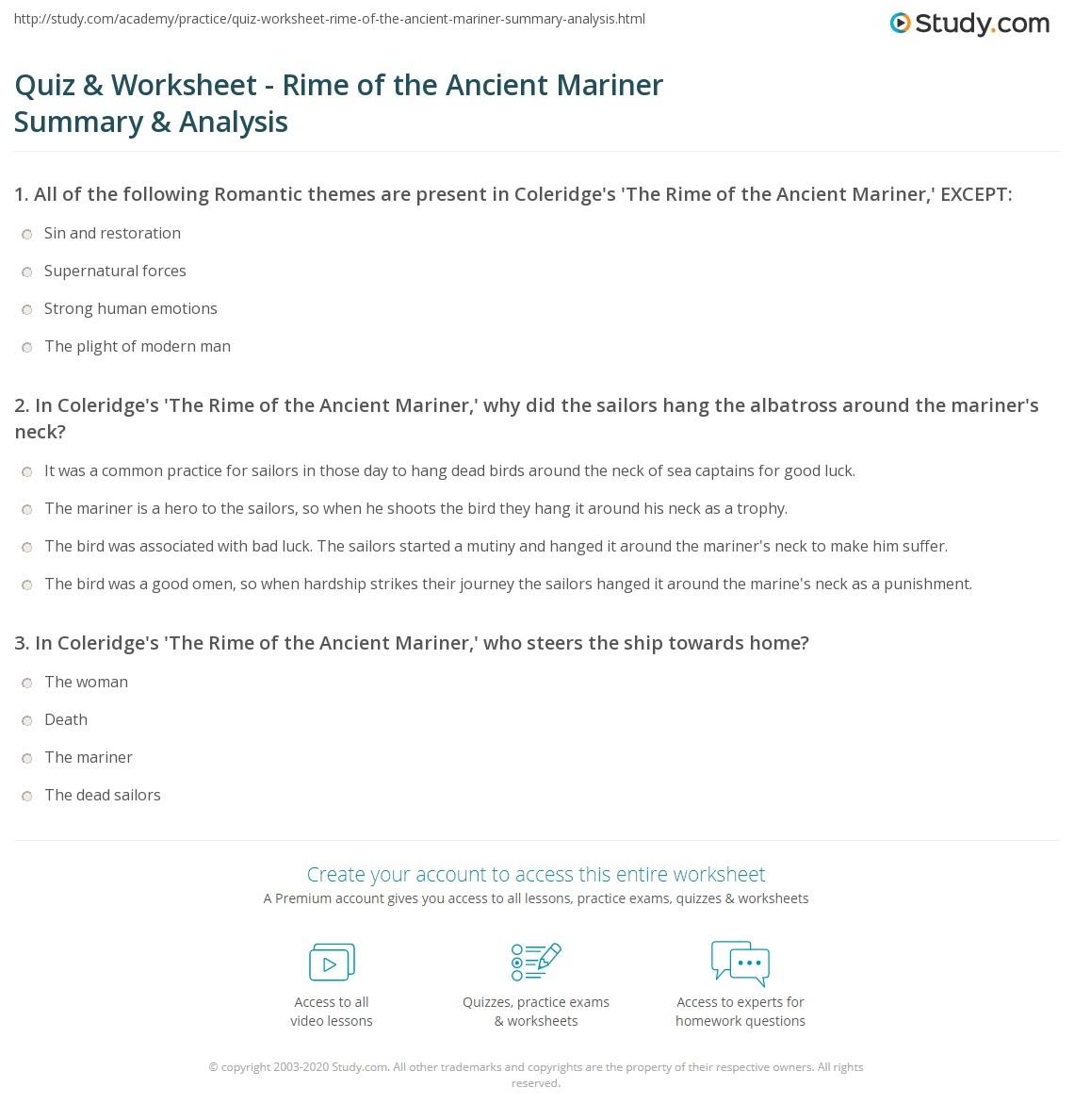 Quiz Worksheet Rime Of The Ancient Mariner Summary Analysis Study