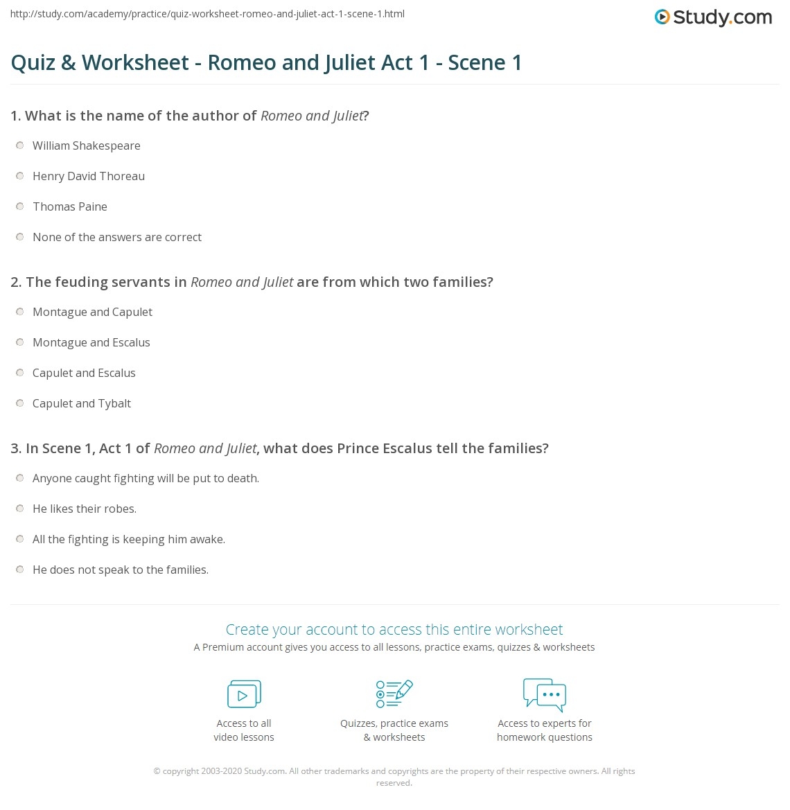 Quiz Worksheet Romeo And Juliet Act 1 Scene 1 Study