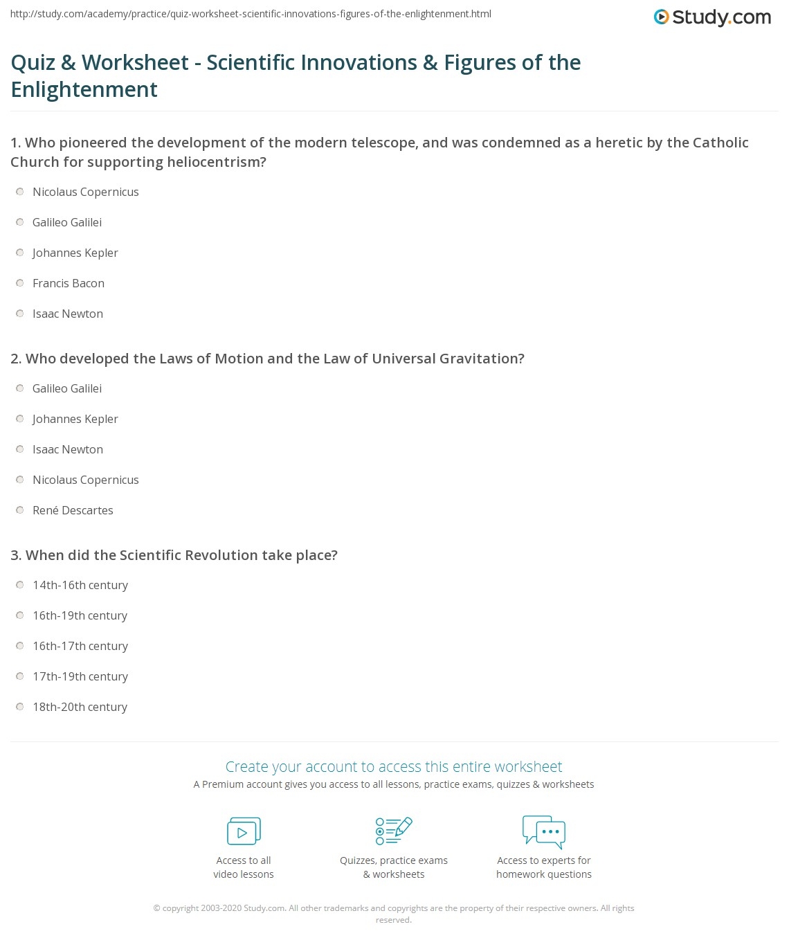 Quiz Worksheet Scientific Innovations Figures Of The Enlightenment Study