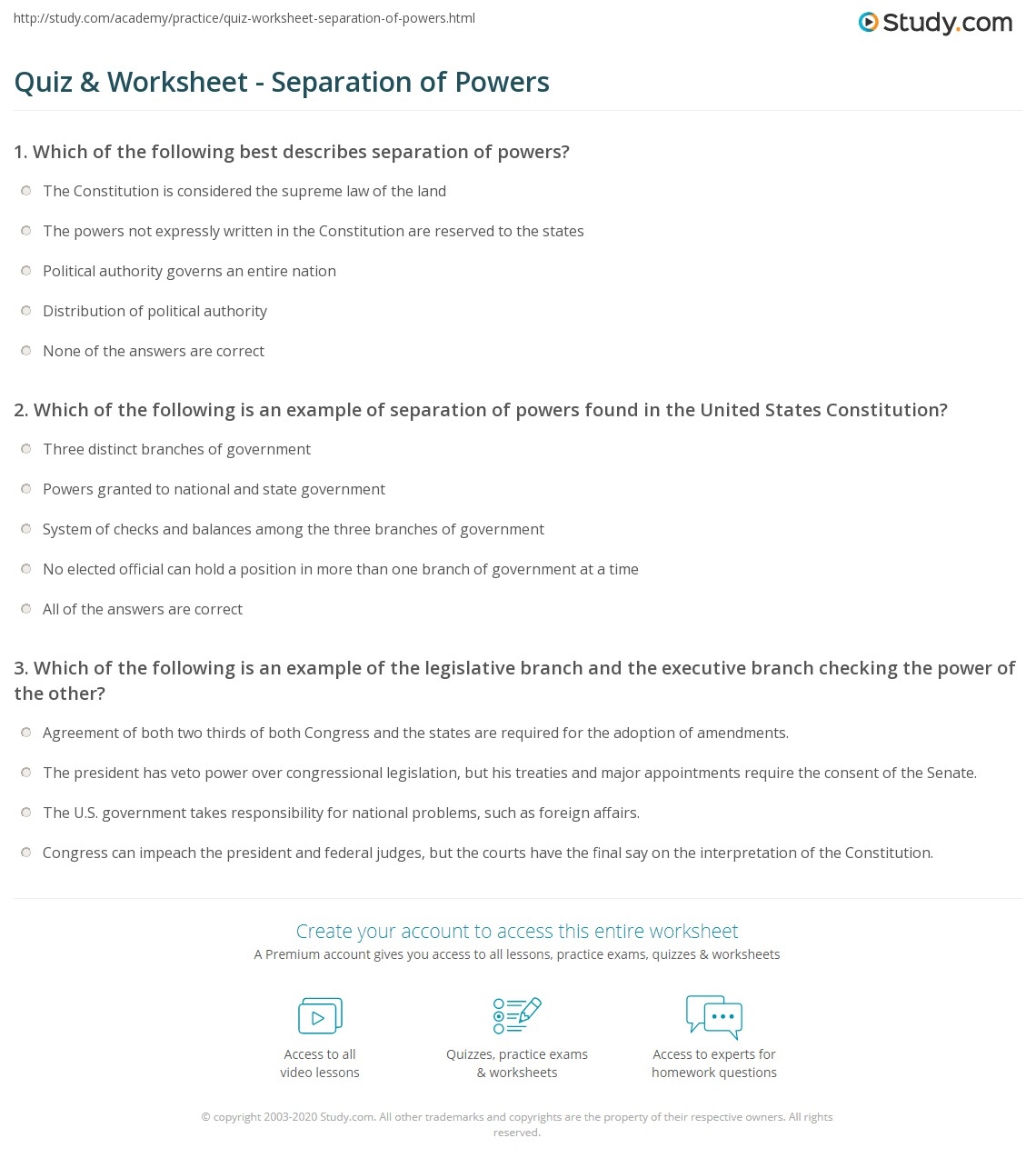 Quiz Worksheet Separation Of Powers Study