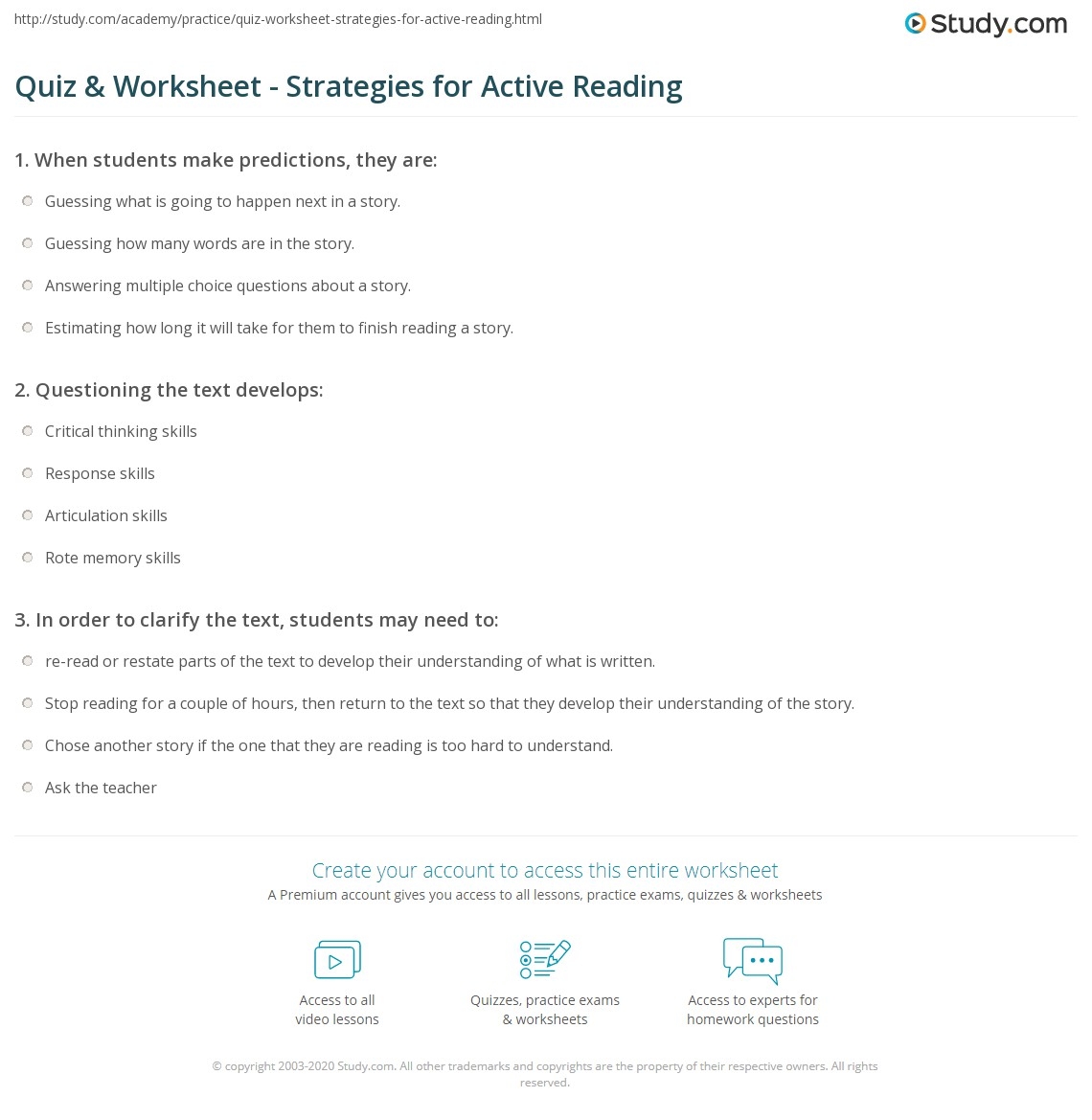 Quiz Worksheet Strategies For Active Reading Study Storyboard That Free Active Reading Templates