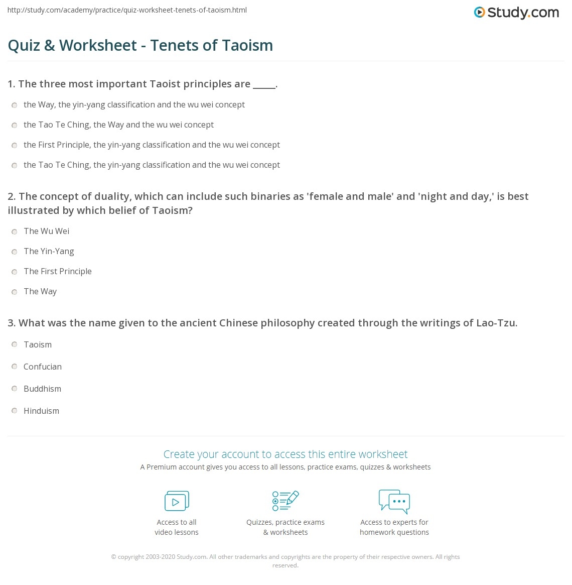 Quiz Worksheet Tenets Of Taoism Study