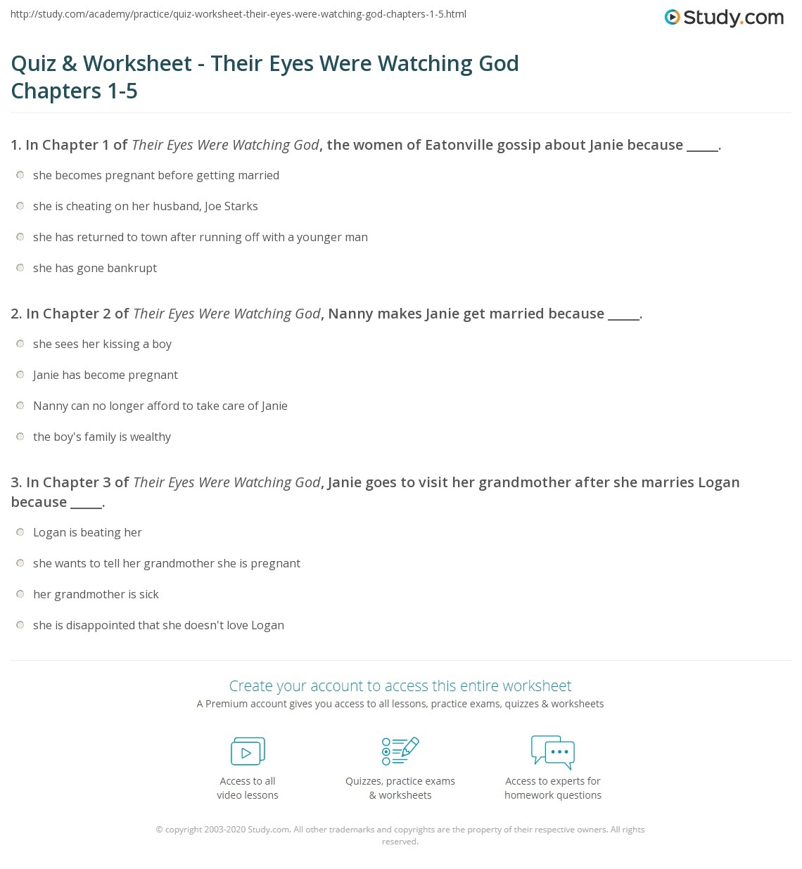 Quiz Worksheet Their Eyes Were Watching God Chapters 1 5 Study