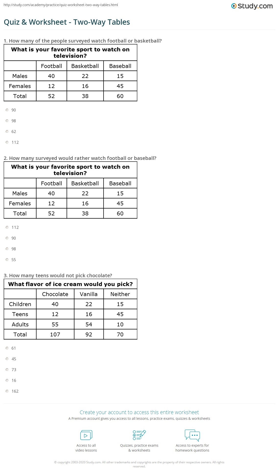 Quiz Worksheet Two Way Tables Study Quiz Worksheet Two Way Tables Study