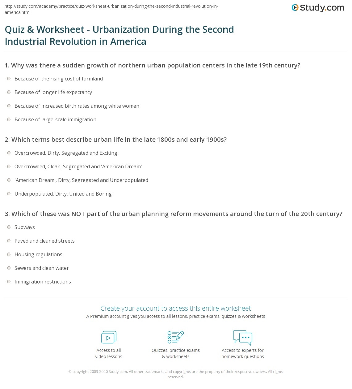 Quiz Worksheet Urbanization During The Second Industrial Revolution In America Study