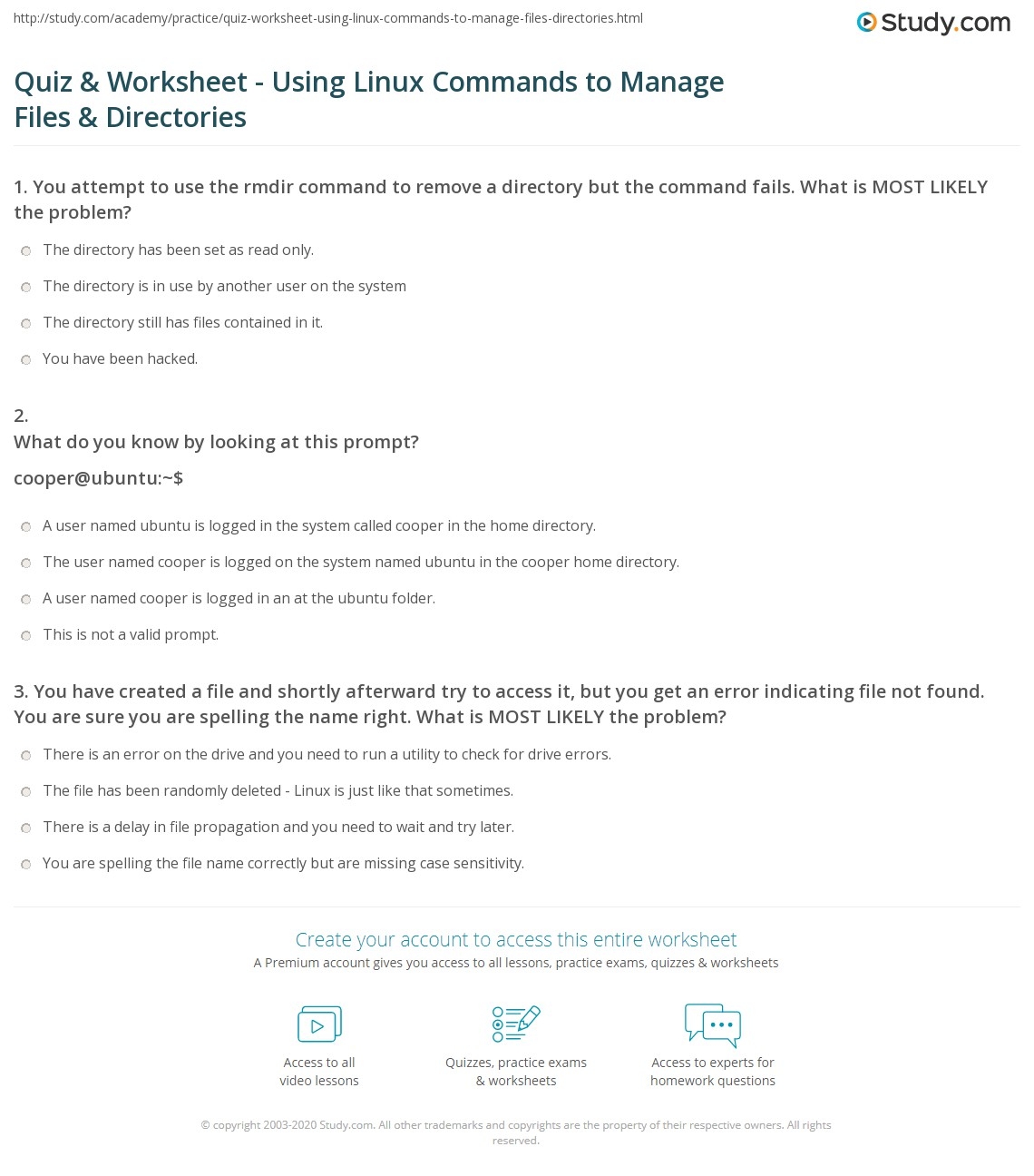 Quiz Worksheet Using Linux Commands To Manage Files Directories Study