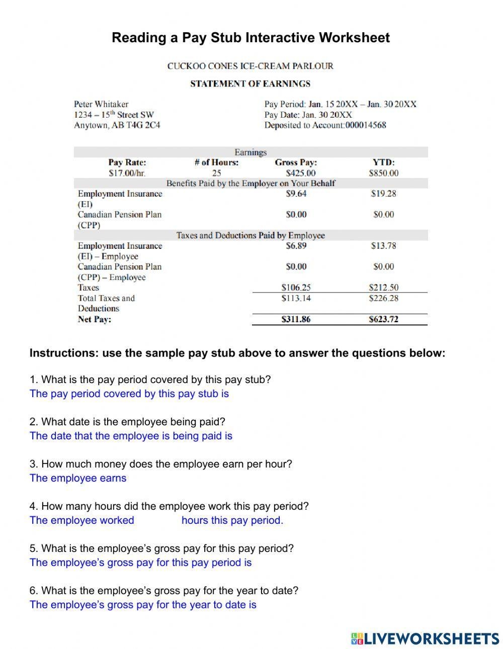 Reading A Pay Stub Interactive Worksheet Worksheets Library