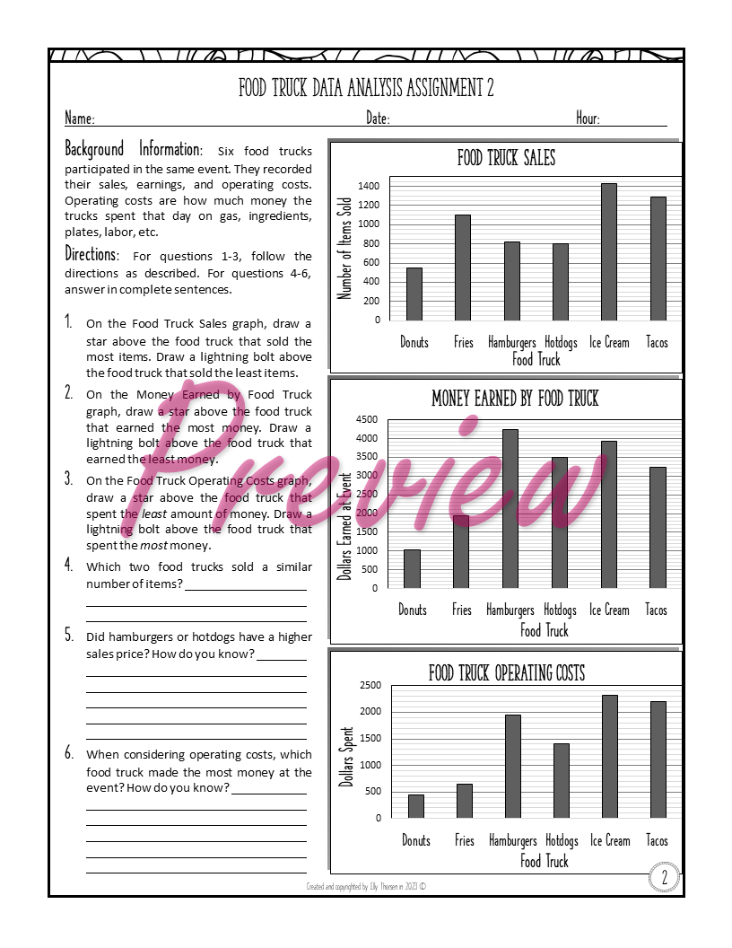 Reading And Interpreting Bar Graphs Worksheets Data Analysis With Food Trucks Made By Teachers