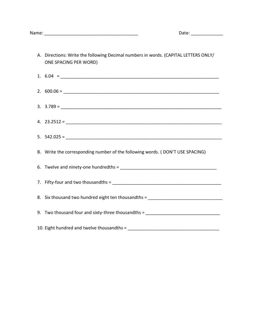 Place Value Worksheets Decimal Numbers For Word Names Worksheets Made By Teachers