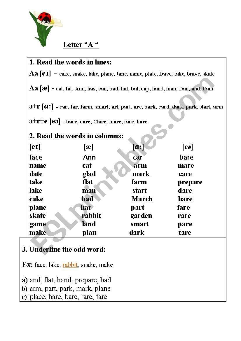 Reading Card Letter A ESL Worksheet By JuliaKaraban