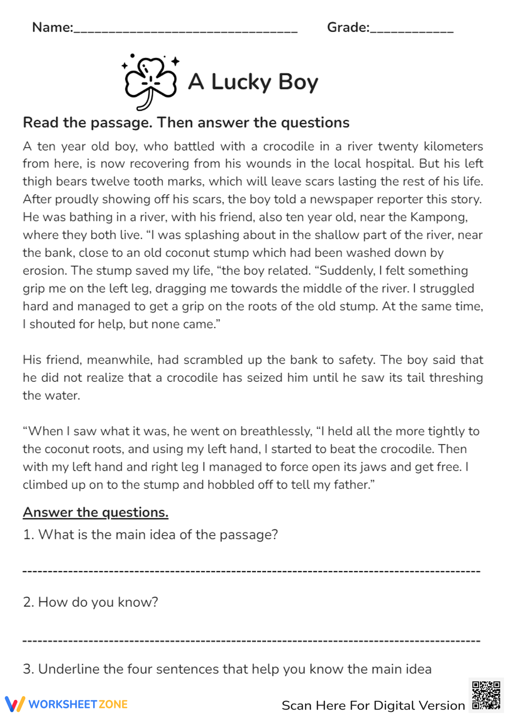 Reading Comprehension A Lucky Boy Worksheet