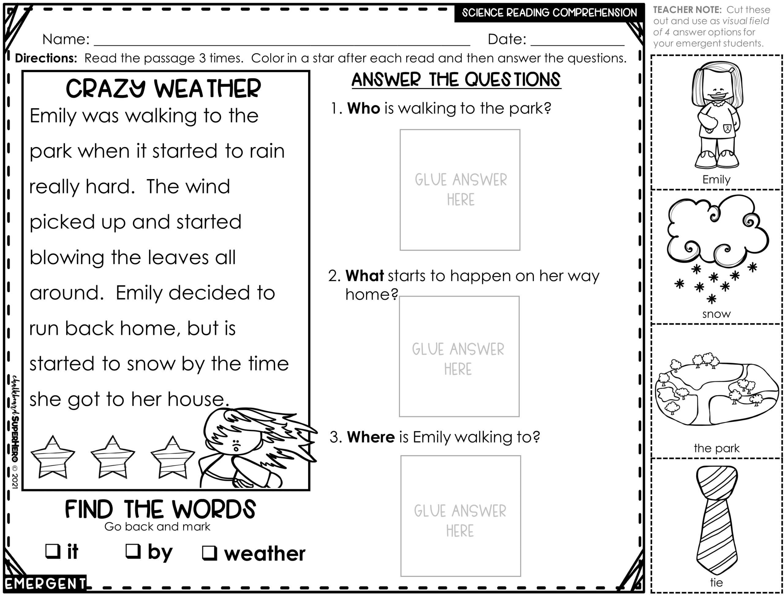 Reading Comprehension Answering WH Questions SCIENCE EDITION 3 LEVELS Chalkboard Superhero