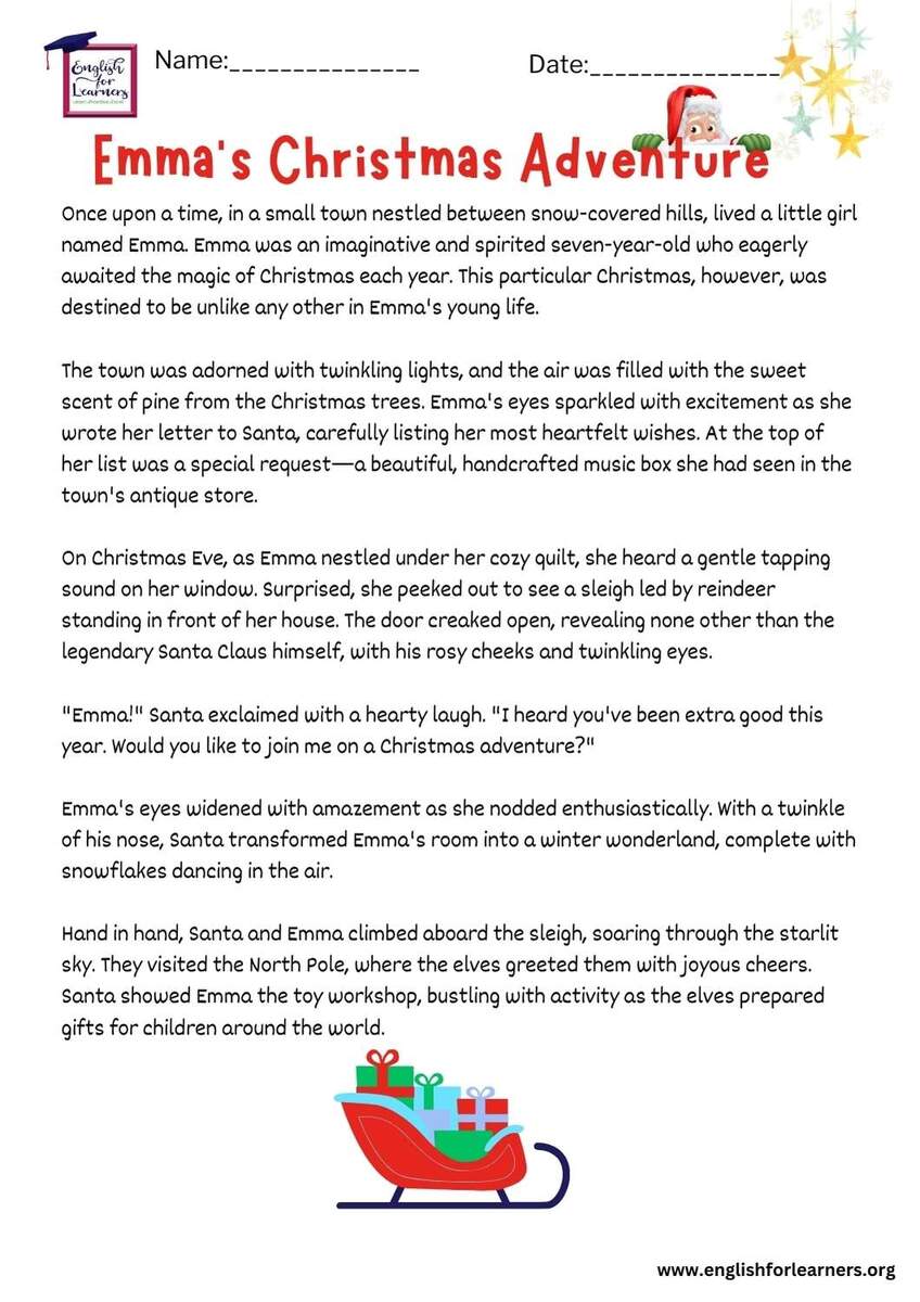 Reading Comprehension Christmas Story Emma S Christmas Adventure Reading Comprehension Christmas Story Emma S Christmas Adventure