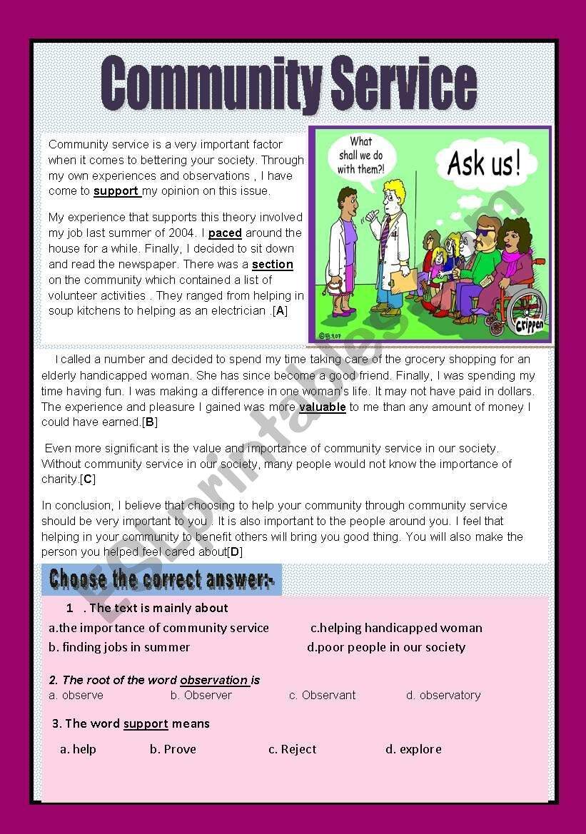 Reading Comprehension Community Service ESL Worksheet By Aaisha86