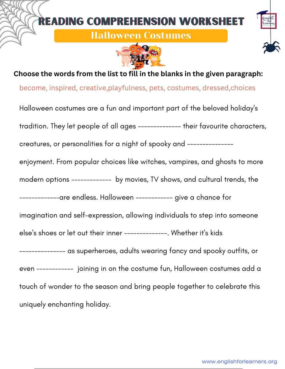 Reading Comprehension Fill In The Blanks Worksheet Halloween Costumes Reading Comprehension Fill In The Blanks Worksheet Halloween Costumes