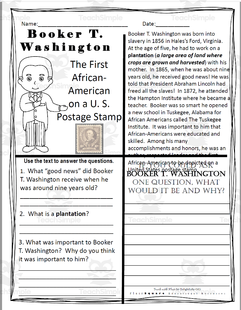 Reading Comprehension For Black History Month Booker T Washington By Teach Simple Reading Comprehension For Black History Month Booker T Washington By Teach Simple
