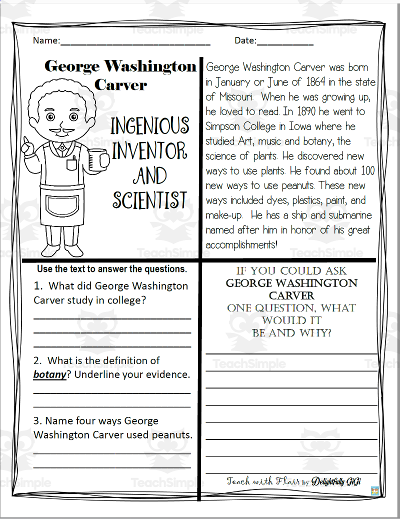 Reading Comprehension For Black History Month George Washington Carver By Teach Simple Black History Month George Washington Carver Reading Comprehension Passage BHM Made By Teachers