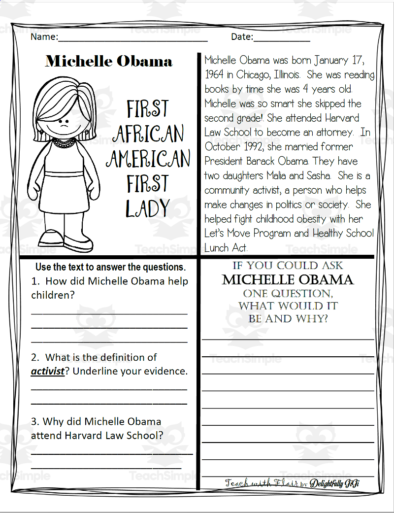 Reading Comprehension For Black History Month Michelle Obama By Teach Simple Reading Comprehension For Black History Month Michelle Obama By Teach Simple