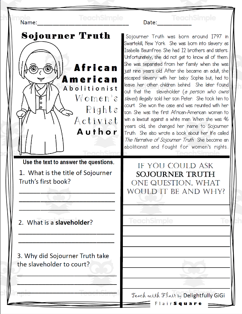 Reading Comprehension For Black History Month Sojourner Truth By Teach Simple