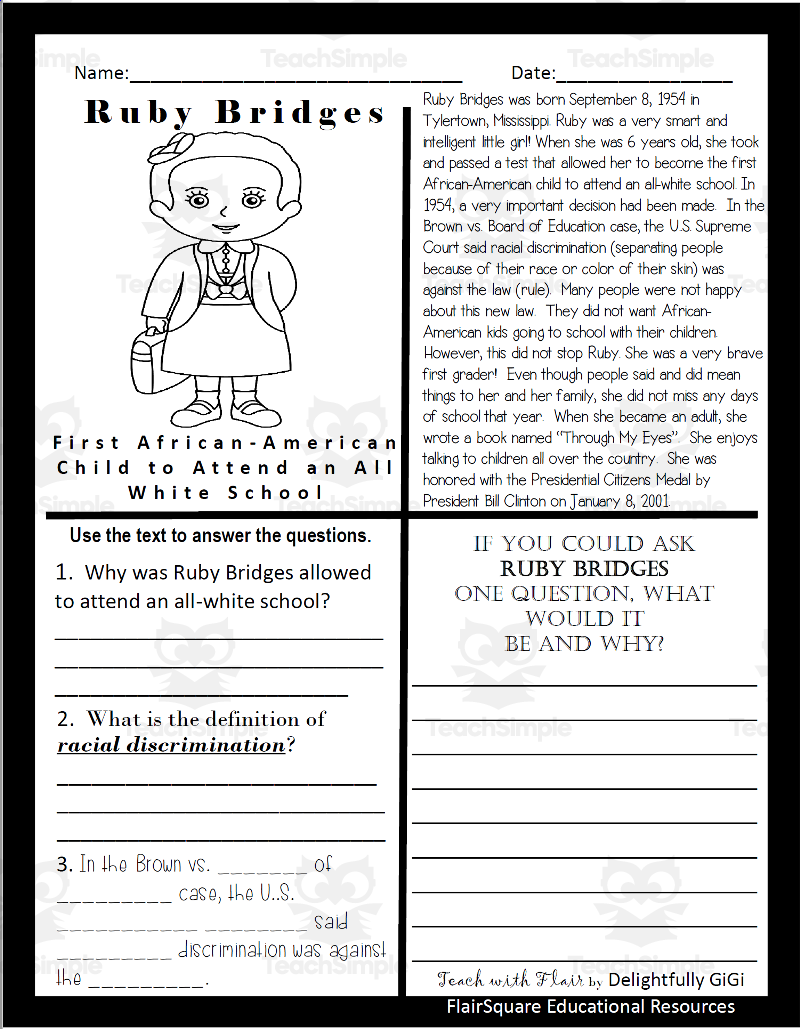 Reading Comprehension For Black Women S History Month Ruby Bridges By Teach Simple Reading Comprehension For Black Women S History Month Ruby Bridges By Teach Simple