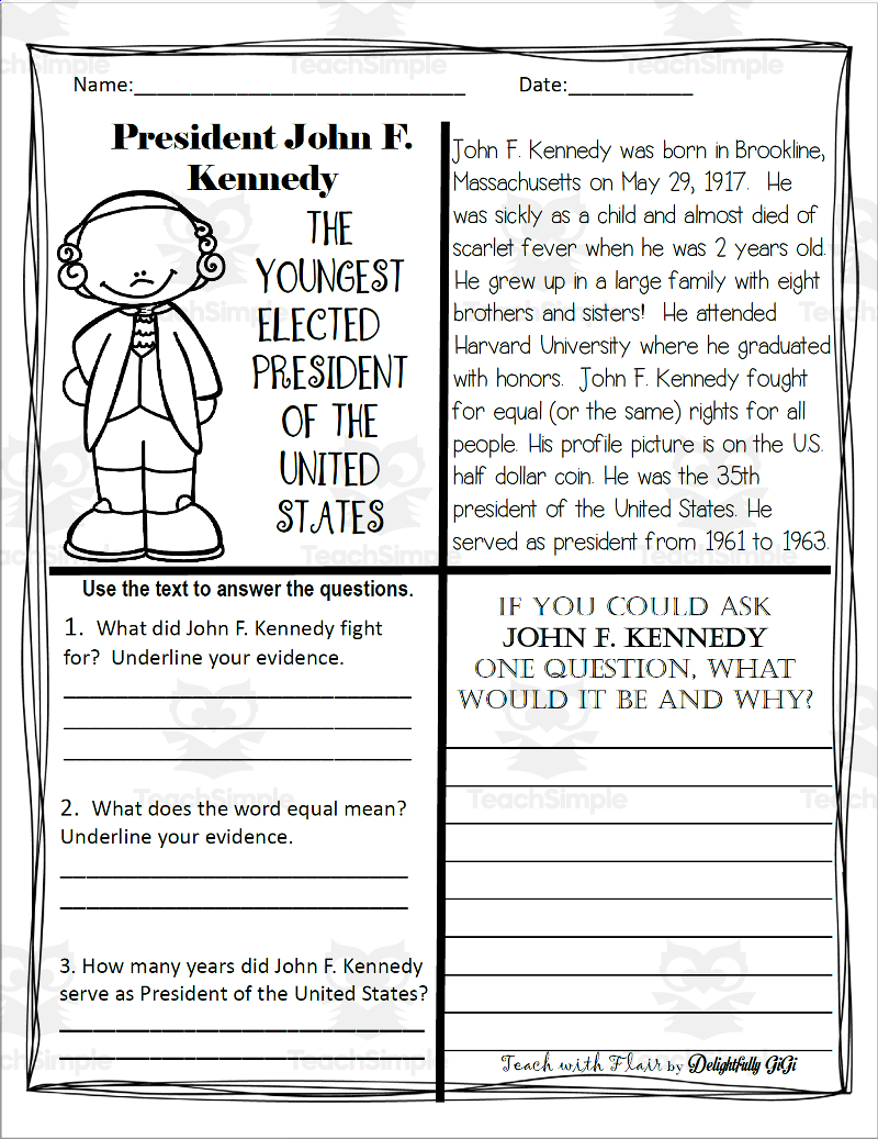 Reading Comprehension For Presidents Day President John F Kennedy By Teach Simple Reading Comprehension For Presidents Day President John F Kennedy By Teach Simple