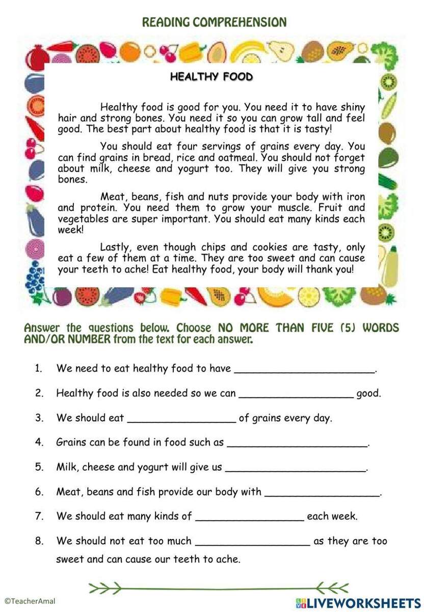 Reading Comprehension Healthy Food Worksheet Worksheets Library