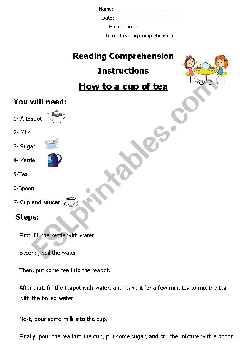 Reading Comprehension How To Make A Cup Of Tea ESL Worksheet By Eldaowdy