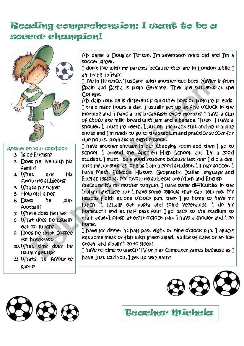Reading Comprehension I Want To Be A Soccer Champion ESL Worksheet By Rimiri