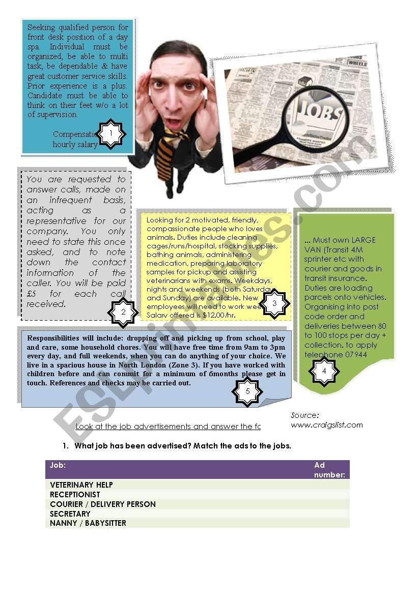 Reading Comprehension Job Advertisements ESL Worksheet By Seanka Reading Comprehension Job Advertisements ESL Worksheet By Seanka