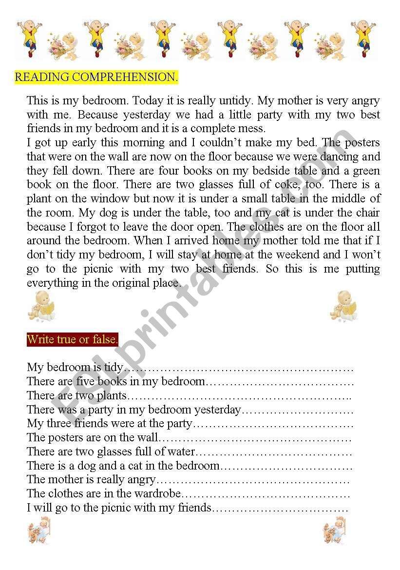 Reading Comprehension My Bedroom ESL Worksheet By Montseteacher