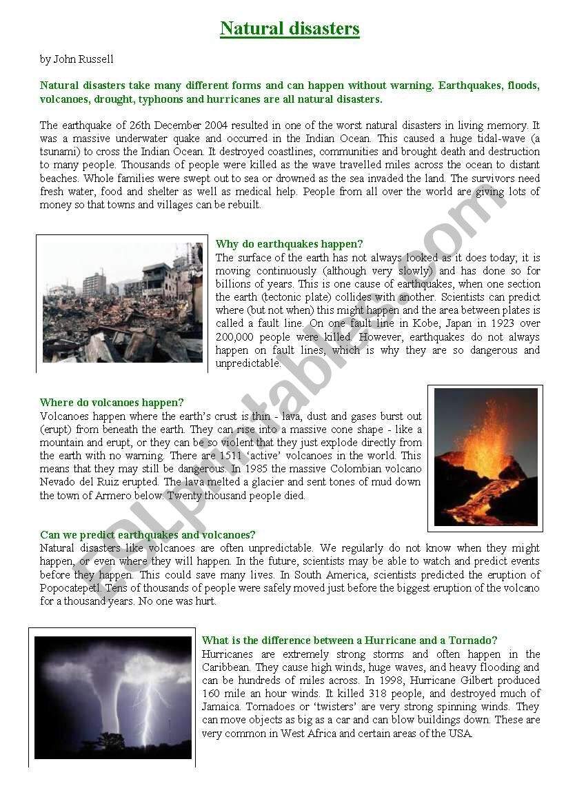 Reading Comprehension Natural Disasters ESL Worksheet By Gise09 Earthquakes Reading Comprehension Worksheet