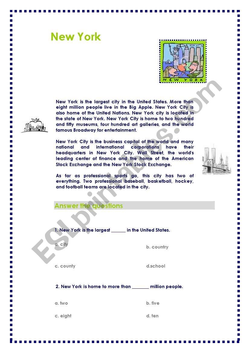 Reading Comprehension NEW YORK ESL Worksheet By SUPERBUBBLE Reading Comprehension NEW YORK ESL Worksheet By SUPERBUBBLE