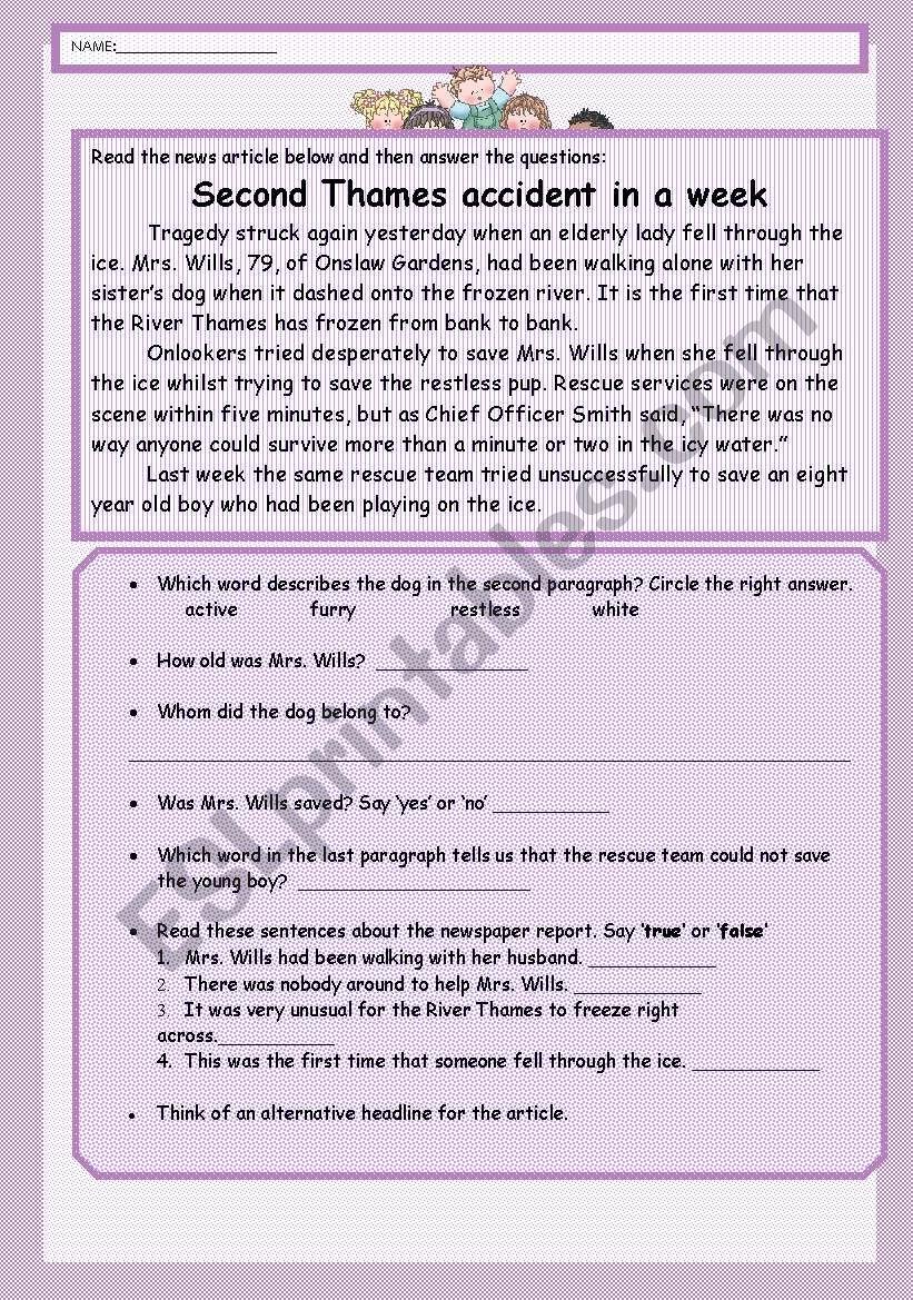 Reading Comprehension News Article ESL Worksheet By Raziyarasheed