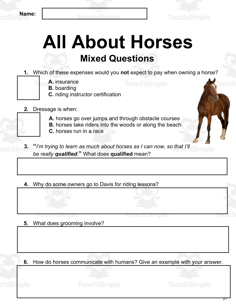 Reading Comprehension Nonfiction Set 3 Sample All About Horses PDF By Teach Simple READING COMPREHENSION IDIOMS ABOUT HORSES ESL Worksheet By Nurikzhan