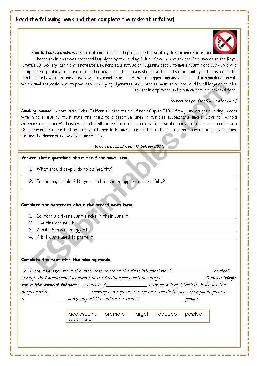 Reading Comprehension On Smoking ESL Worksheet By Sucarv Reading Comprehension On Smoking ESL Worksheet By Sucarv