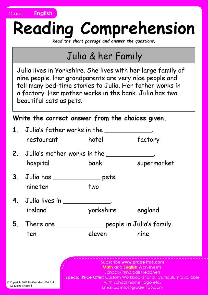 Reading Comprehension Passages Grade 1 PYP IB