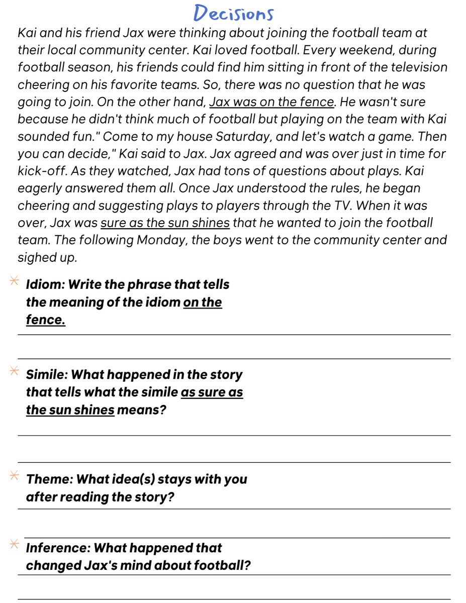 Reading Comprehension Passages Idioms Similes Theme Inference Questions Made By Teachers Reading Comprehension Passages Idioms Similes Theme Inference Questions Made By Teachers