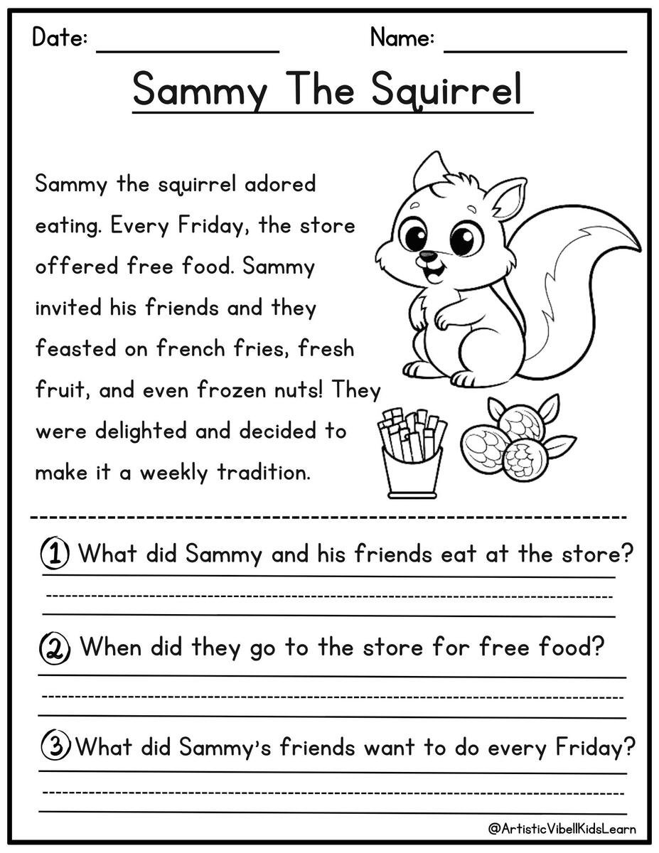 Reading Comprehension Printable Kindergarten First Grade Worksheets Instant Download Fluency Worksheet English Learing Set 2 Etsy