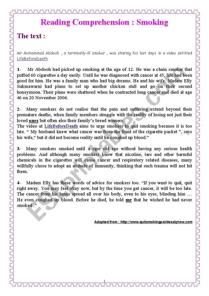 Reading Comprehension Smoking ESL Worksheet By Yasmin Tounsi Reading Comprehension Smoking ESL Worksheet By Yasmin Tounsi