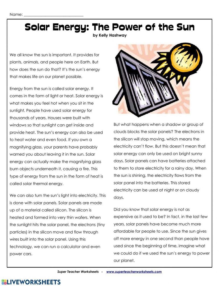 Reading Comprehension Solar Energy Online Exercise For Live Worksheets Library